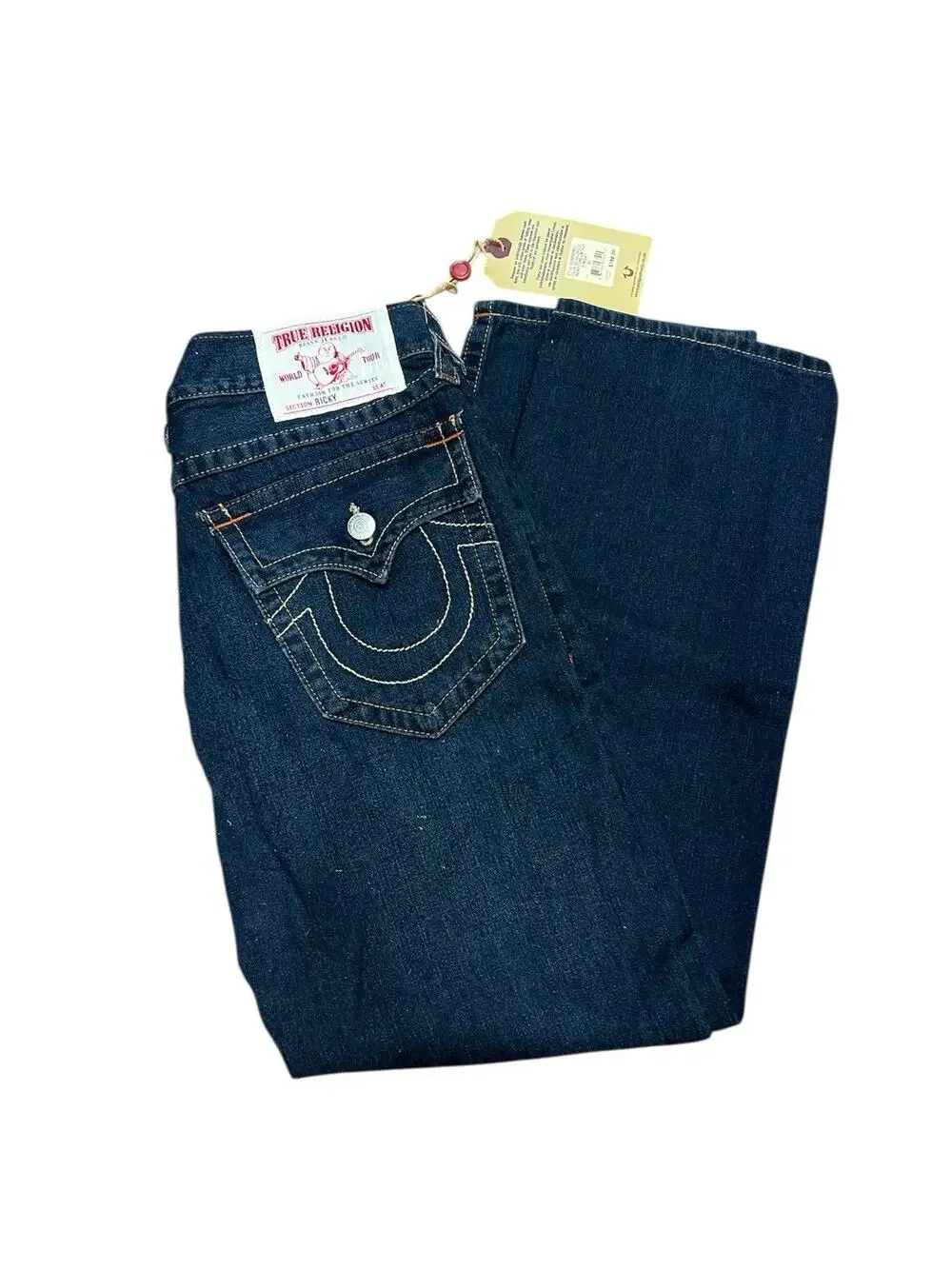 New True Religion Blue Straight Ricky Jeans USA 30 Big T Flap Y2K